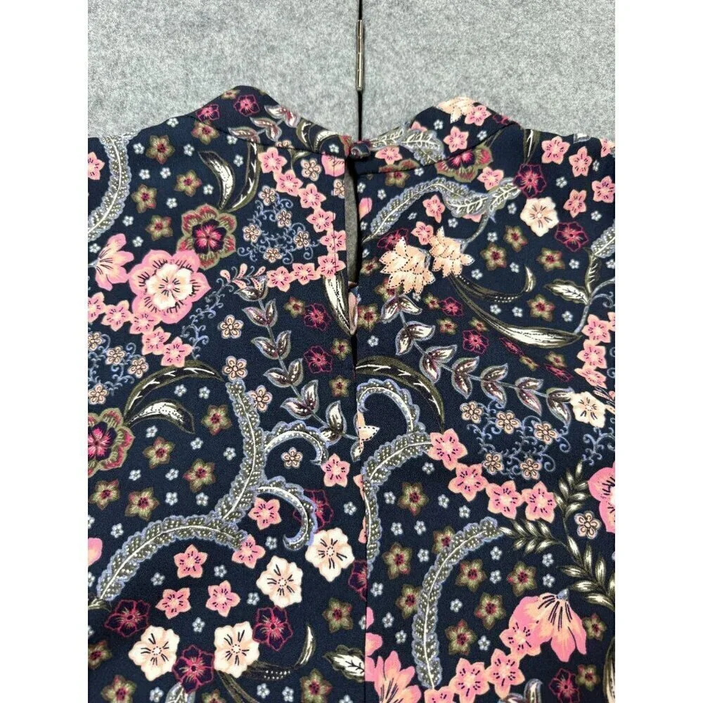Loft Blouse Top Womens Large Multi Floral Bloom Twist Bubble Sleeve Keyhole Back